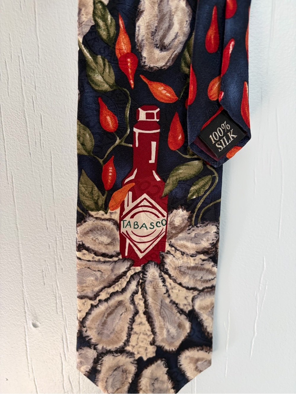 Vintage Tabasco Silk Necktie Mens Oyster Shell Chili Pepper Novelty Print